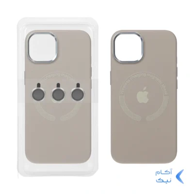 قاب سیلیکونی اورجینال Magsafe با ست محافظ لنز رینگی Apple iPhone 13 / iPhone 14 - خاکی (پک دار)