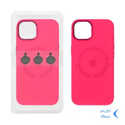 قاب سیلیکونی اورجینال Magsafe با ست محافظ لنز رینگی Apple iPhone 13 / iPhone 14 - سرخابی (پک دار)