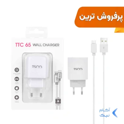 شارژر دیواری PD و فست دو پورت 20 وات TSCO مدل TTC 65 همراه با کابل شارژ TYPE-C - سفید
