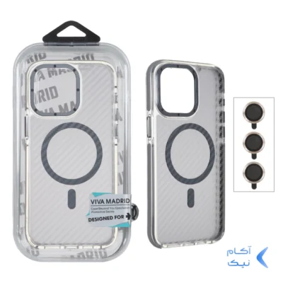 قاب اورجینال Viva Madrid پشت کربن MagSafe با ست محافظ لنز رینگی Apple iPhone 15 Pro Max - خاکستری (پک دار)