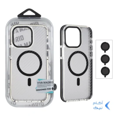 قاب اورجینال Viva Madrid پشت کربن MagSafe با ست محافظ لنز رینگی Apple iPhone 15 Pro Max - مشکی (پک دار)