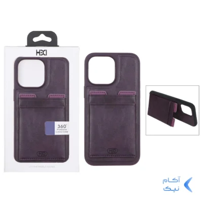 قاب اورجینال HDD چرمی جاکارتی مگنتی استندشو Apple iPhone 14 Pro Max - بنفش (پک دار)