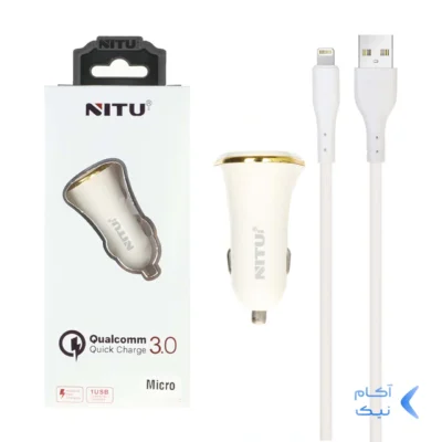 شارژر فندکی فست تک پورت NITU مدل NT-CC802F به همراه کابل شارژ آیفون - سفید (گارانتی 18 ماه تعویض نیکان همراه)