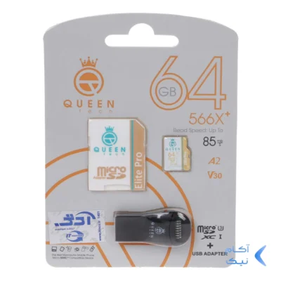 Queen tech microSDHC & adapter & رم ریدر U3 Class 10 566X plus -85MB/s - 64GB - مشکی