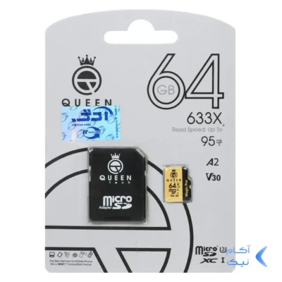 (گارانتی مادام‌العمر شرکت آی تین) Queen tech microSDHC & adapter U3 Class 10 633X -95MB/s - 64GB مشکی طلایی