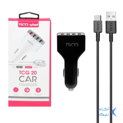 شارژر فندکی فست چهار پورت TSCO مدل TCG 20 18W به همراه کابل شارژ Type-C - مشکی